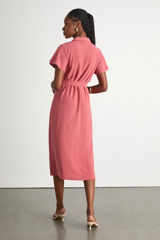 Italian Summer Rusty Rose Linen Button-Up Short Sleeve Dress