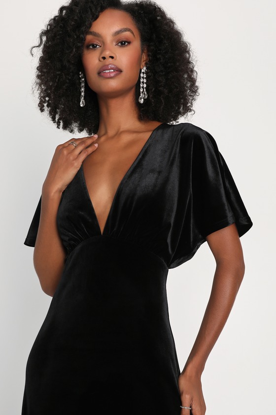 Mystical Charm Black Velvet Flutter Sleeve Maxi Dress