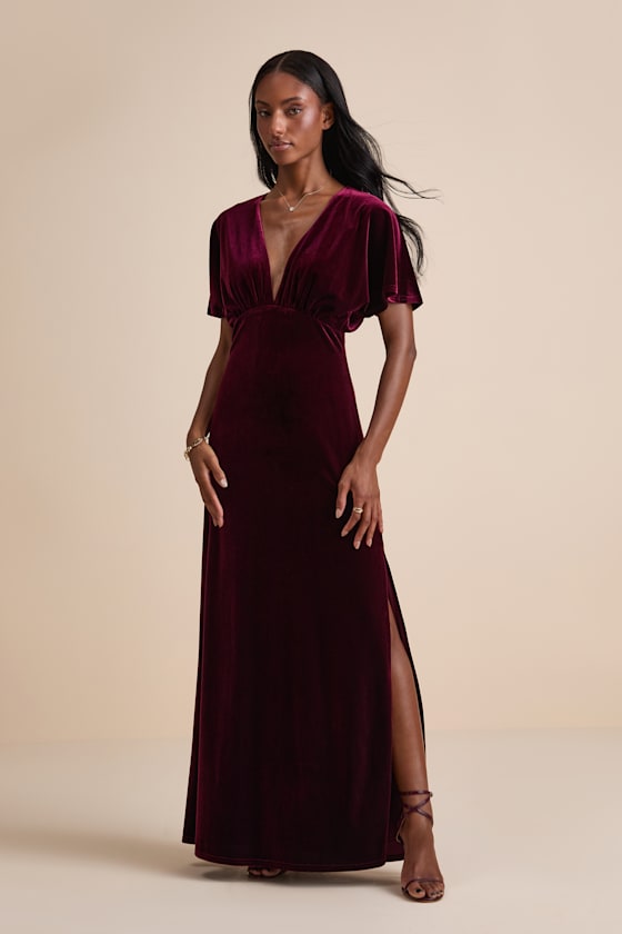 Mystical Charm Burgundy Velvet Flutter Sleeve Maxi Dress