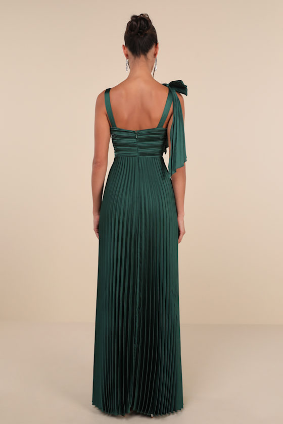 Gorgeous Purpose Emerald Satin Pleated Sleeveless Bow Maxi Dress