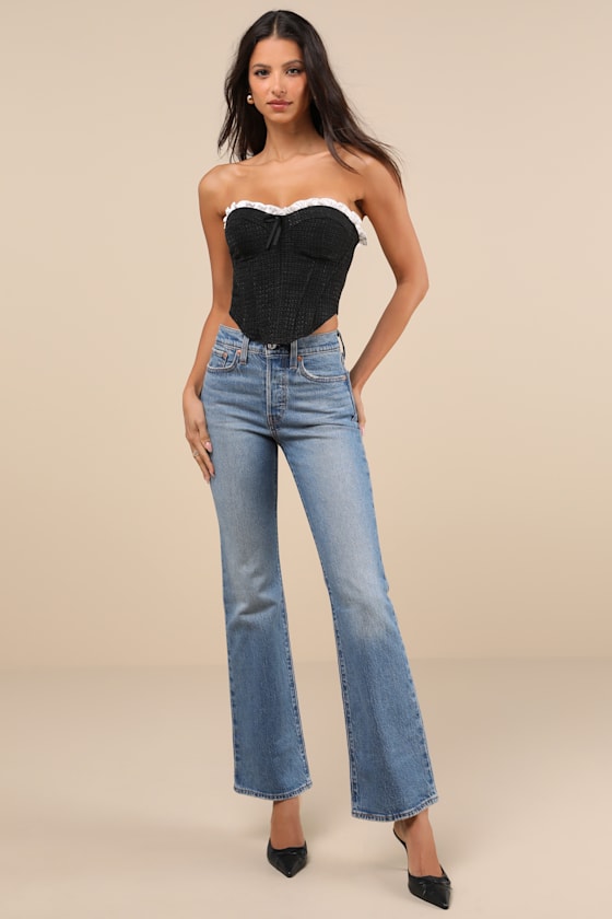 Polished Chicness Black Tweed Bustier Ruffled Crop Top