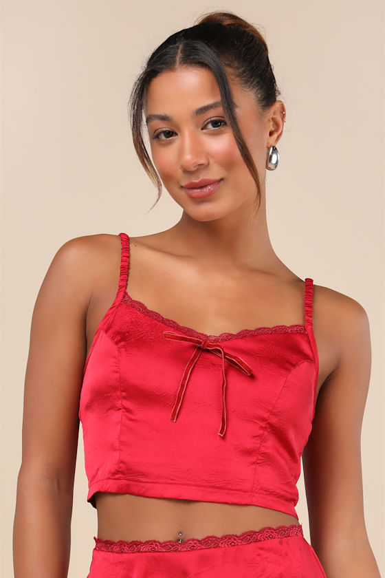 Flawless Impression Red Satin Cami Crop Top