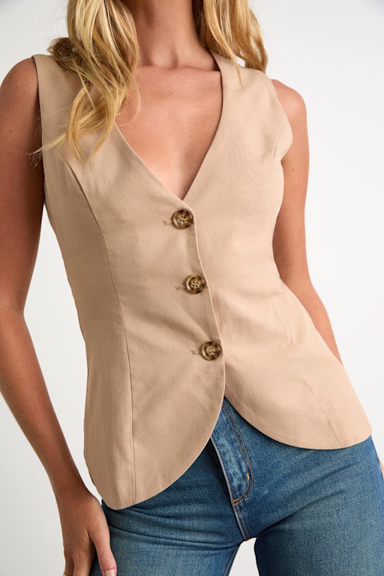 Domencia Beige Button-Front Vest Top