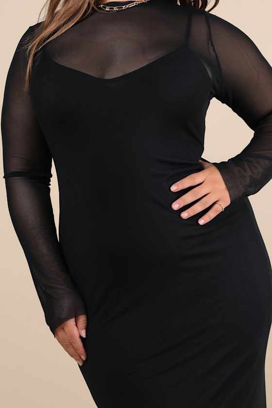 Perfect Plans Black Sheer Mesh Long Sleeve Bodycon Midi Dress