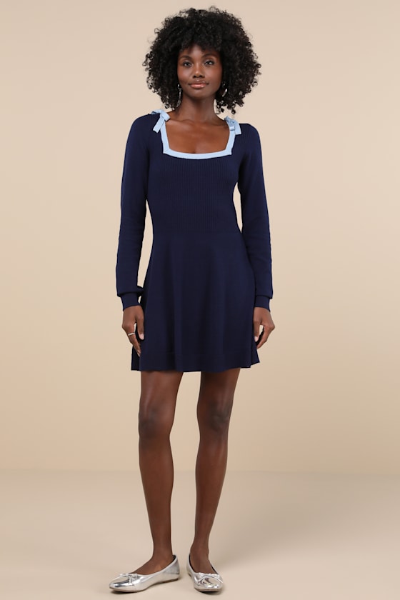 Perfect Outcome Navy Long Sleeve Sweater Mini Dress