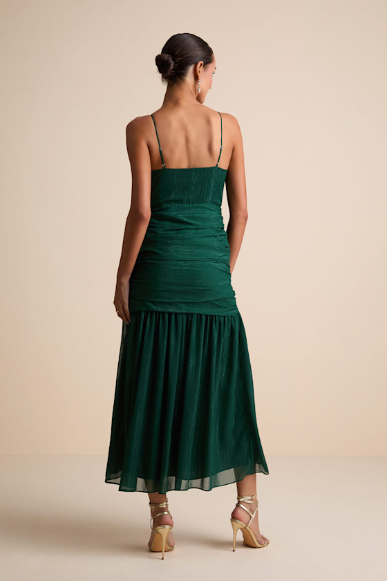 Stunning Soiree Emerald Lurex Ruched Midi Dress