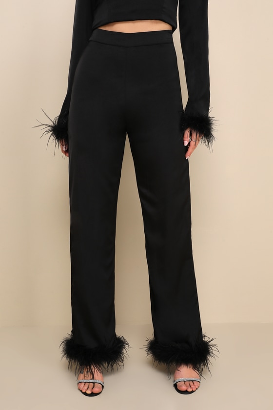 Premium Aura Black Satin High-Rise Wide-Leg Feather Pants