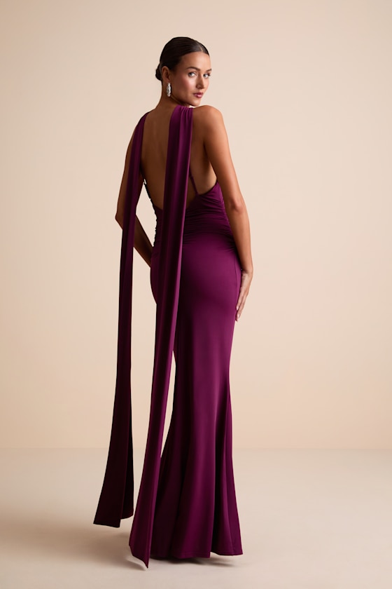 Noretta Plum Jersey Knit Keyhole Cutout Sash Maxi Dress