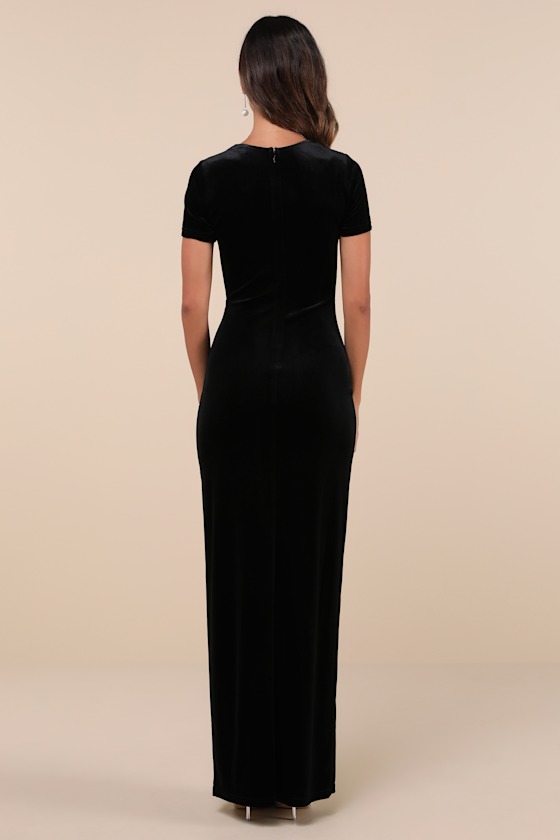Eternal Elegance Black Velvet Short Sleeve Maxi Dress