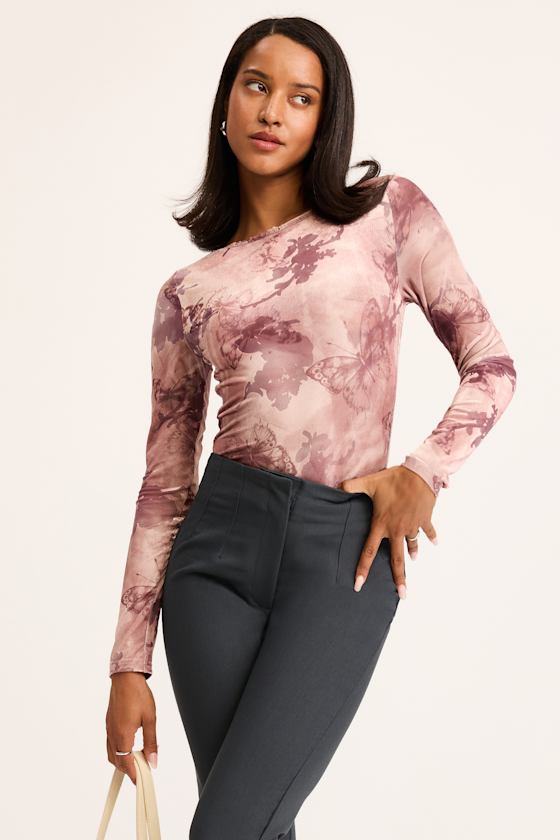 Farasha Mauve Burnout Butterfly Print Long Sleeve Top