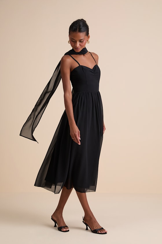 Irresistibly Darling Black Chiffon Midi Dress and Scarf Set