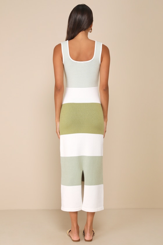 Easily Gorgeous Ivory and Sage Green Striped Midi Sweater Dress
