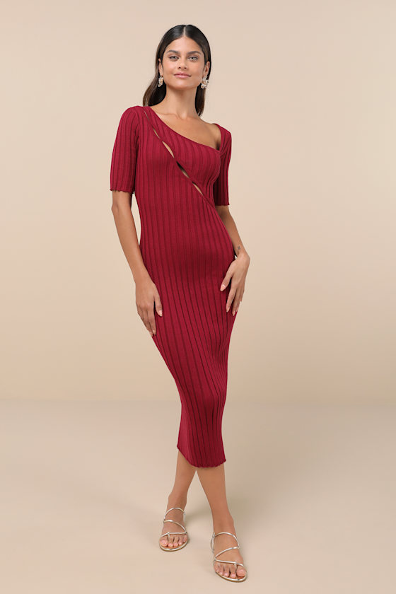 Flattering Aura Berry Pink Ribbed Asymmetrical Cutout Midi Dress