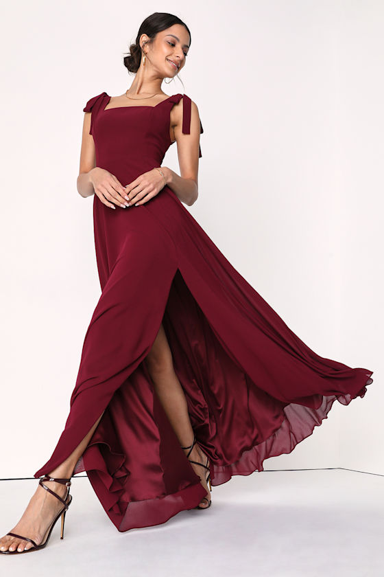 Love Me Forever Burgundy Tie-Strap Square Neck Maxi Dress