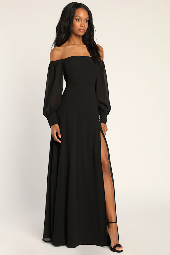 Feel the Romance Black Off-the-Shoulder Maxi Dress