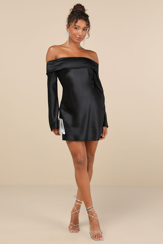 Luxurious Vision Black Satin Off-the-Shoulder Mini Dress