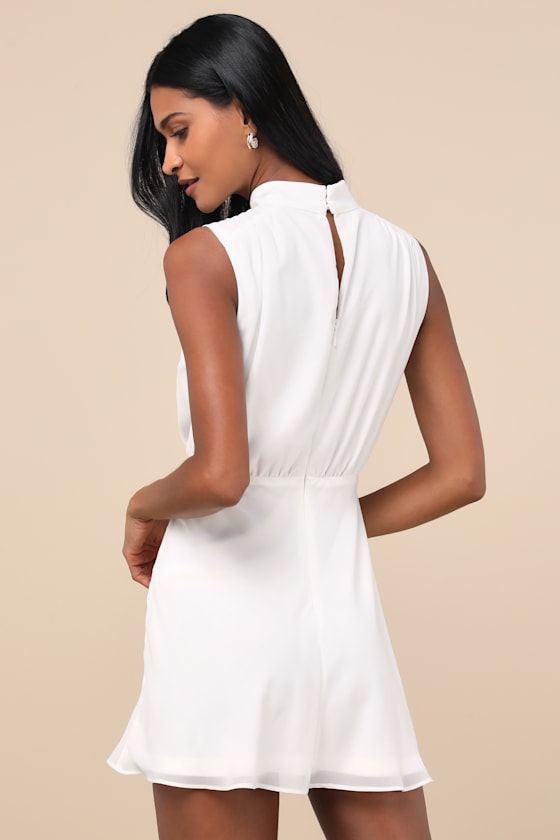 Classic Elegance White Chiffon Sleeveless Mock Neck Mini Dress