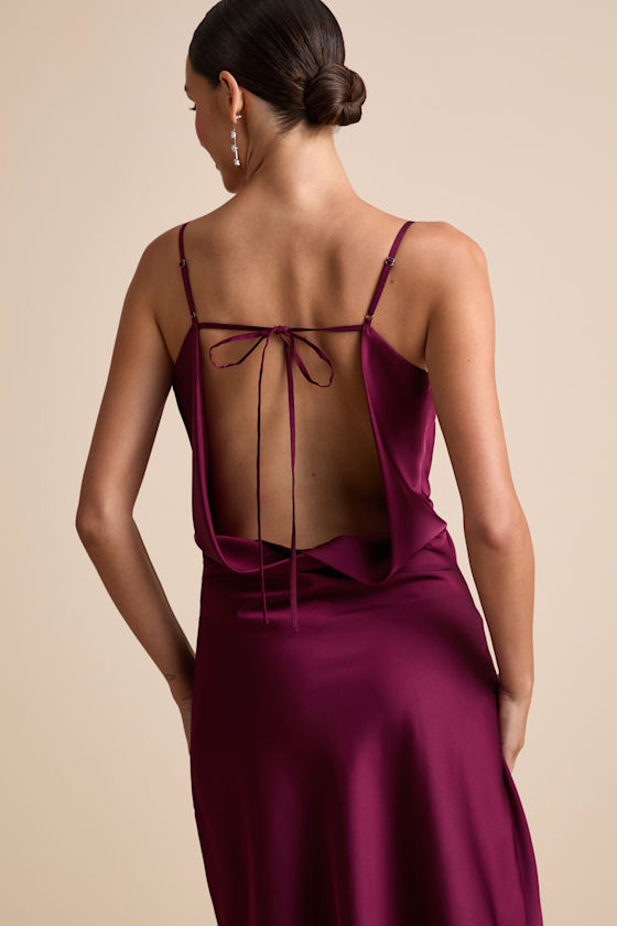 Caleigh Burgundy Satin Backless Slip Midi Dress