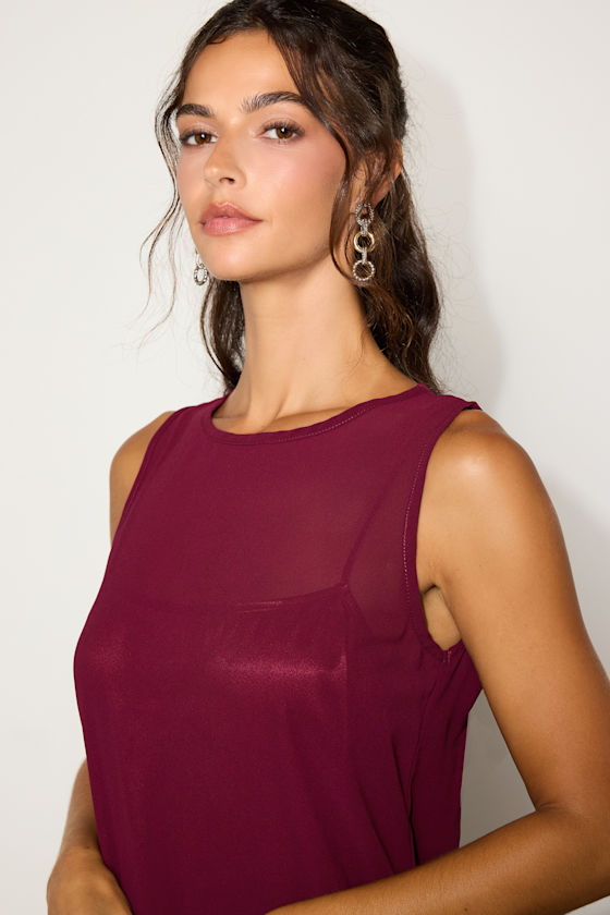 Kataleya Wine Red Chiffon Sleeveless Mini Shift Dress