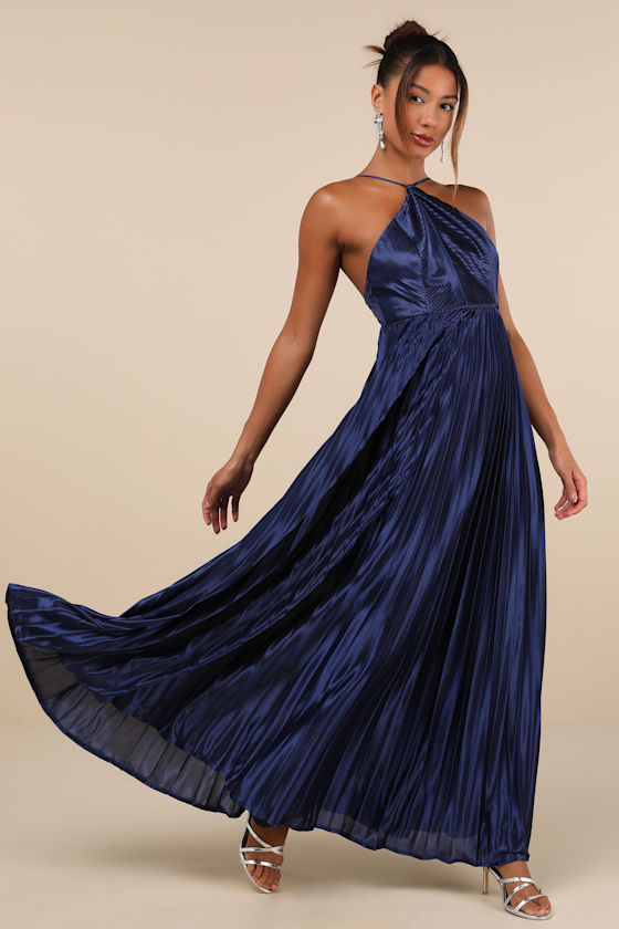 Elaborate Charm Navy Blue Satin Pleated Backless Maxi Dress