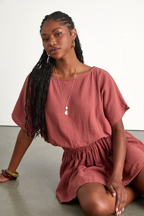 Aevorn Rusty Rose Gauzy Short Sleeve Mini Dress