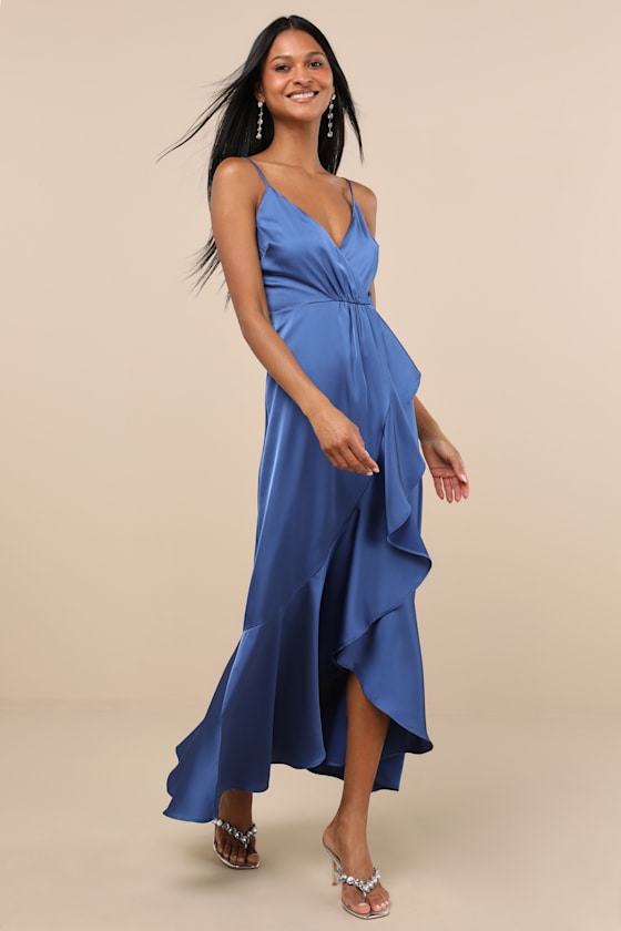 Enchanted Moments Blue Satin Ruffled High-Low Dress