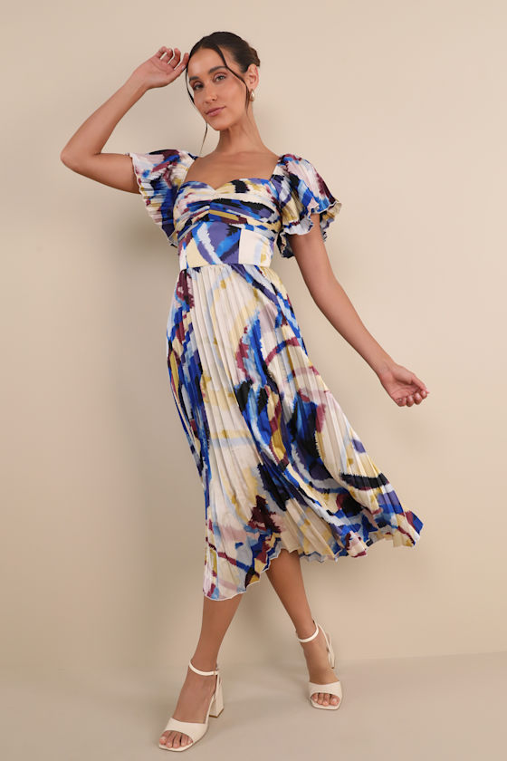 Authentically Yours Blue Multi Abstract Print Satin Midi Dress