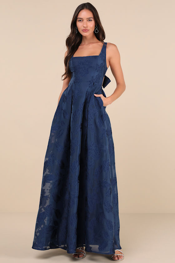 Perfected Aura Navy Jacquard Tie-Back Maxi Dress with Pockets