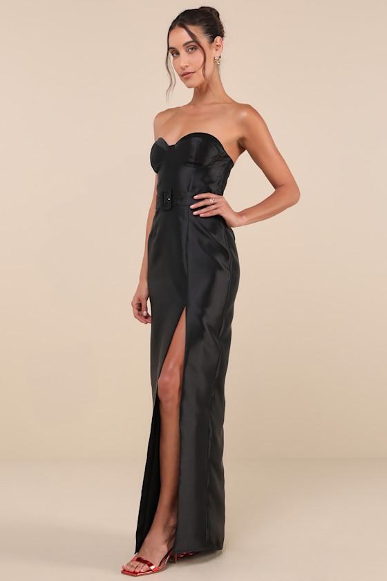 Luxe Sweetie Black Taffeta Belted Strapless Maxi Dress