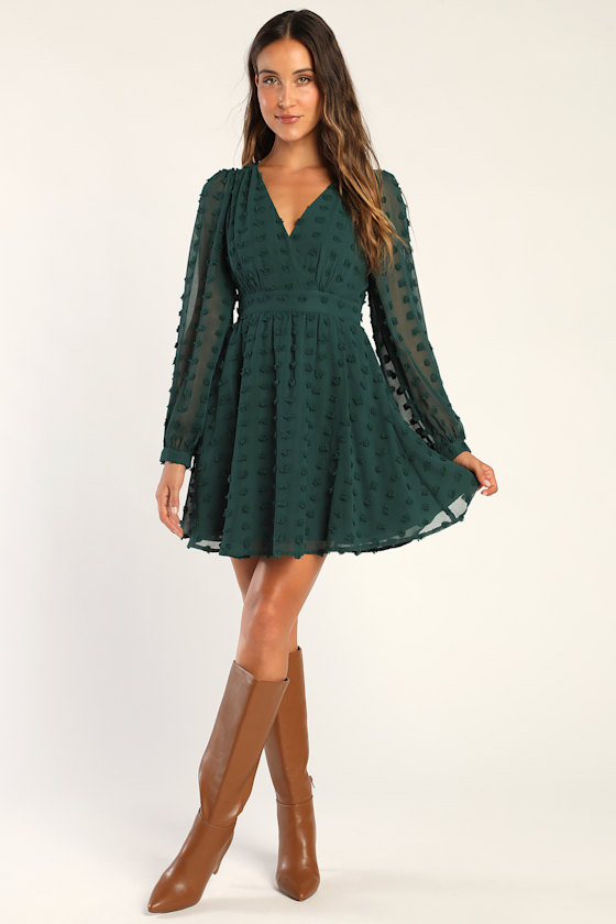 Always on Repeat Emerald Green Clip Dot Long Sleeve Mini Dress