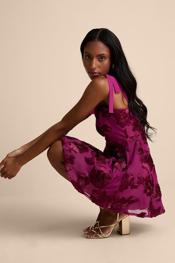 Truly Inspiring Plum Mesh Floral Applique Tie-Strap Mini Dress