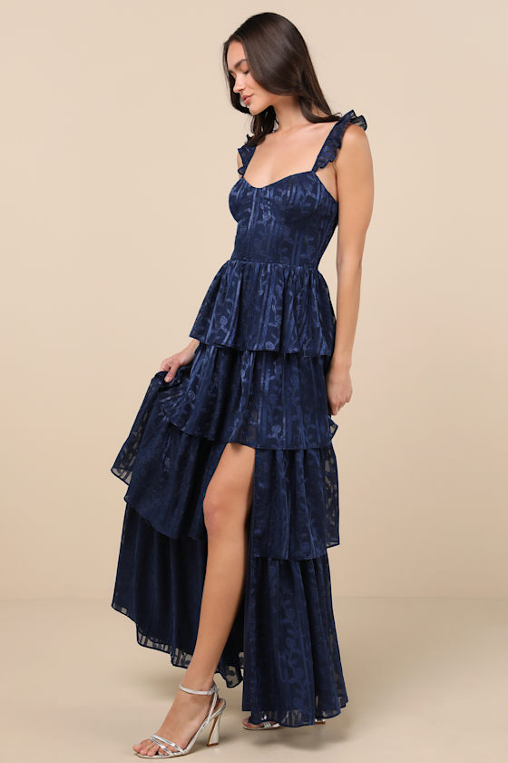 Stunning Glory Navy Blue Floral Jacquard Tiered Maxi Dress