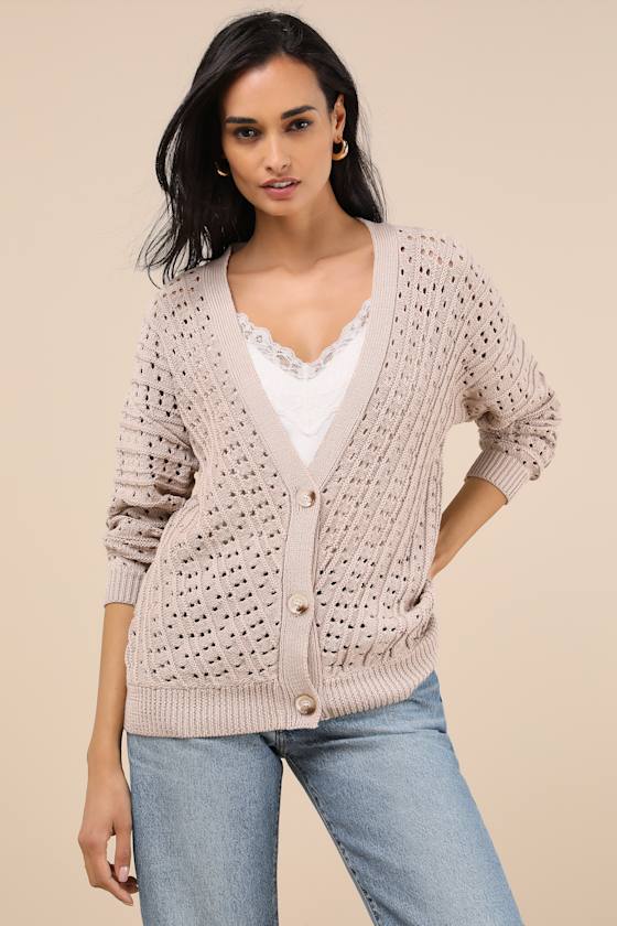 Dori Beige Loose Knit Button-Up Cardigan Sweater
