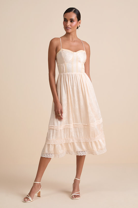 Sarisha Blush Satin Jacquard Bustier Midi Dress