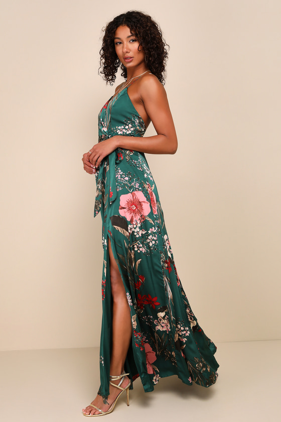 Still the One Emerald Green Floral Print Satin Maxi Dress
