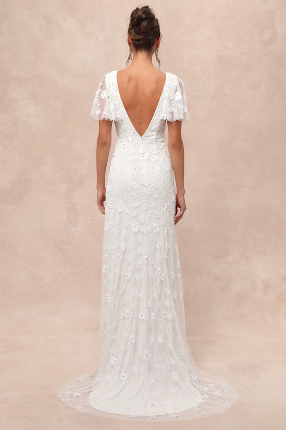 Safiya White Sequin Flutter Sleeve Maxi Dress