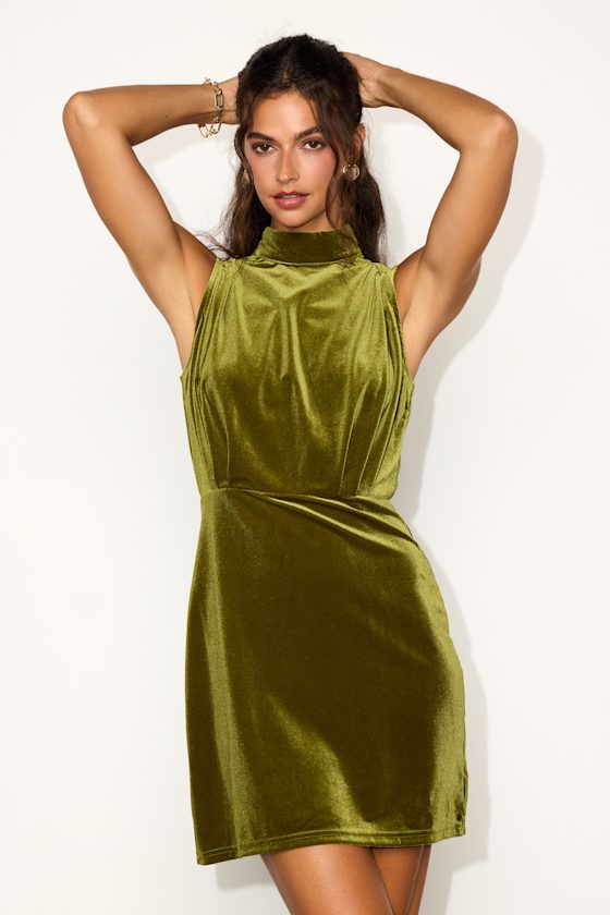 Gorgeous Darling Olive Velvet Sleeveless Mock Neck Mini Dress