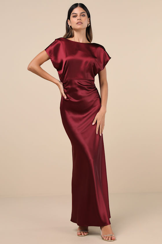 Captivating Presence Wine Red Satin Cowl Back Maxi Dress