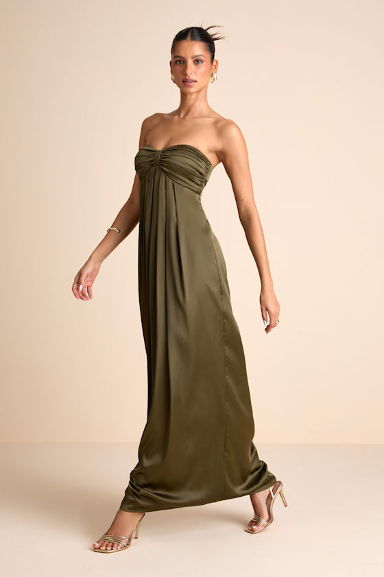 Memorable Entrance Olive Green Strapless Satin Maxi Dress