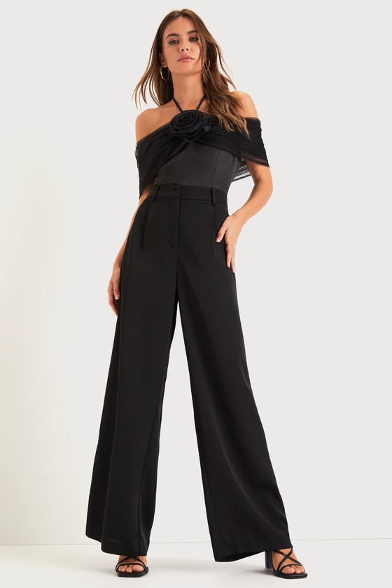 Trendsetting Moment Black Mesh Rosette Off-the-Shoulder Bodysuit