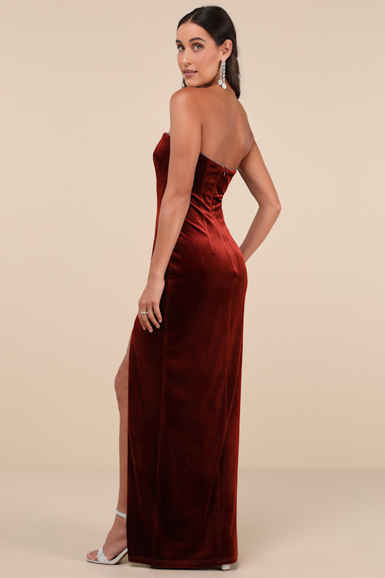 Elegant Success Rust Velvet Rhinestone Strapless Maxi Dress