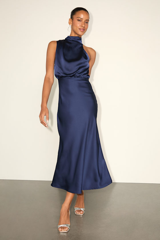 Distinctive Charm Navy Satin Asymmetrical Midi Dress