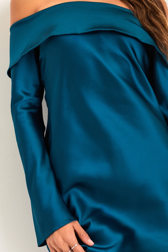 Luxurious Vision Teal Satin Off-the-Shoulder Mini Dress