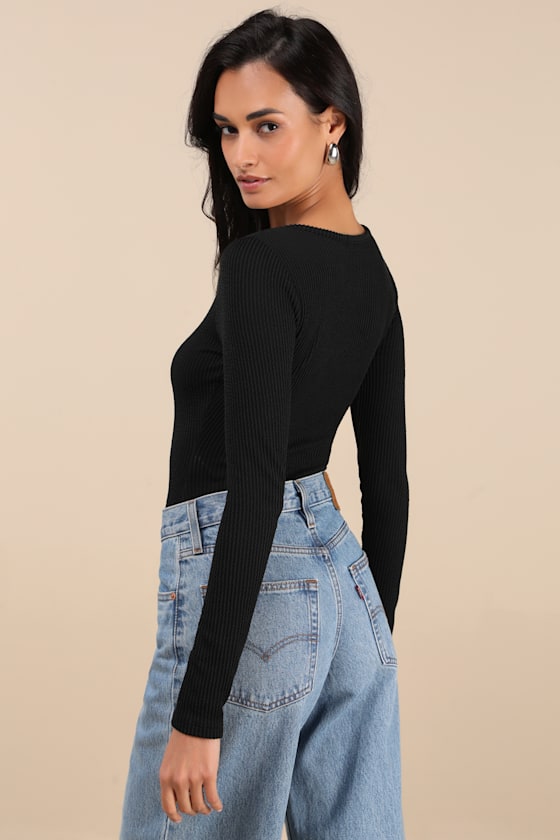 Najya Black Ribbed Knit Zip-Front Long Sleeve Bodysuit