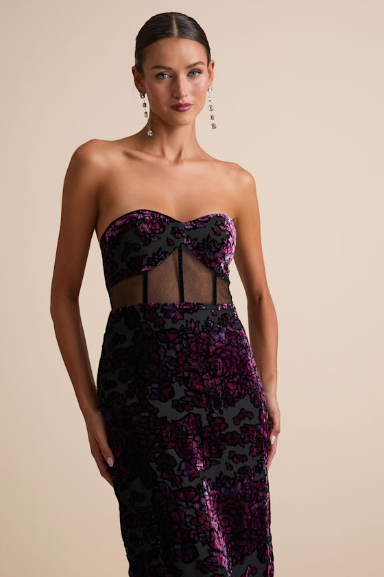 Breathtaking View Black Mesh Burnout Velvet Strapless Maxi Dress