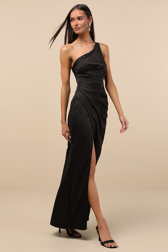 Dreaming of Elegance Black Satin One-Shoulder Maxi Dress