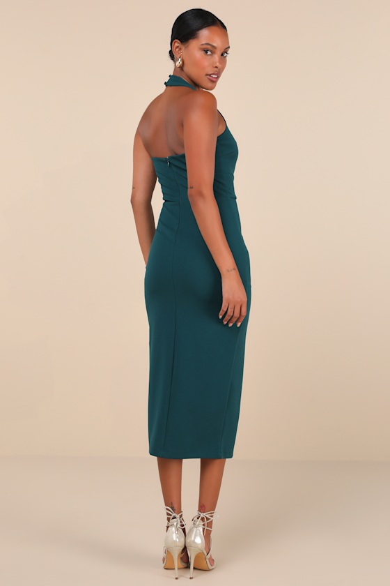Prominent Charm Emerald Halter Bodycon Tulip Midi Dress