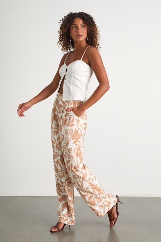 Rosetta Ivory and Tan Leaf Print Wide-Leg Pants