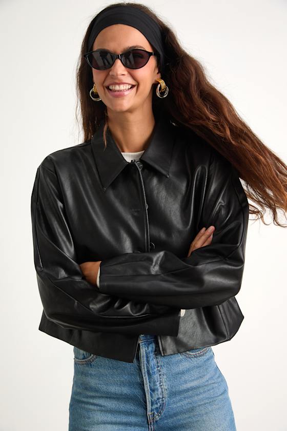 Mariely Black Vegan Leather Button-Front Cropped Jacket