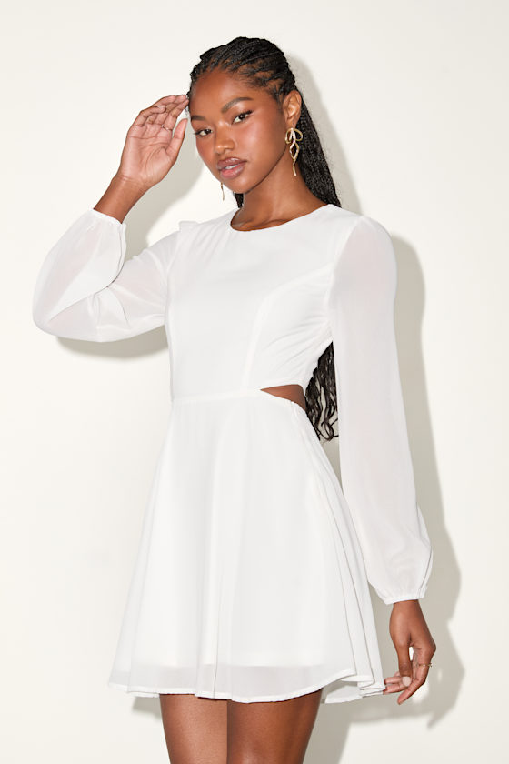 Garden Bliss White Long Sleeve Cutout Mini Dress